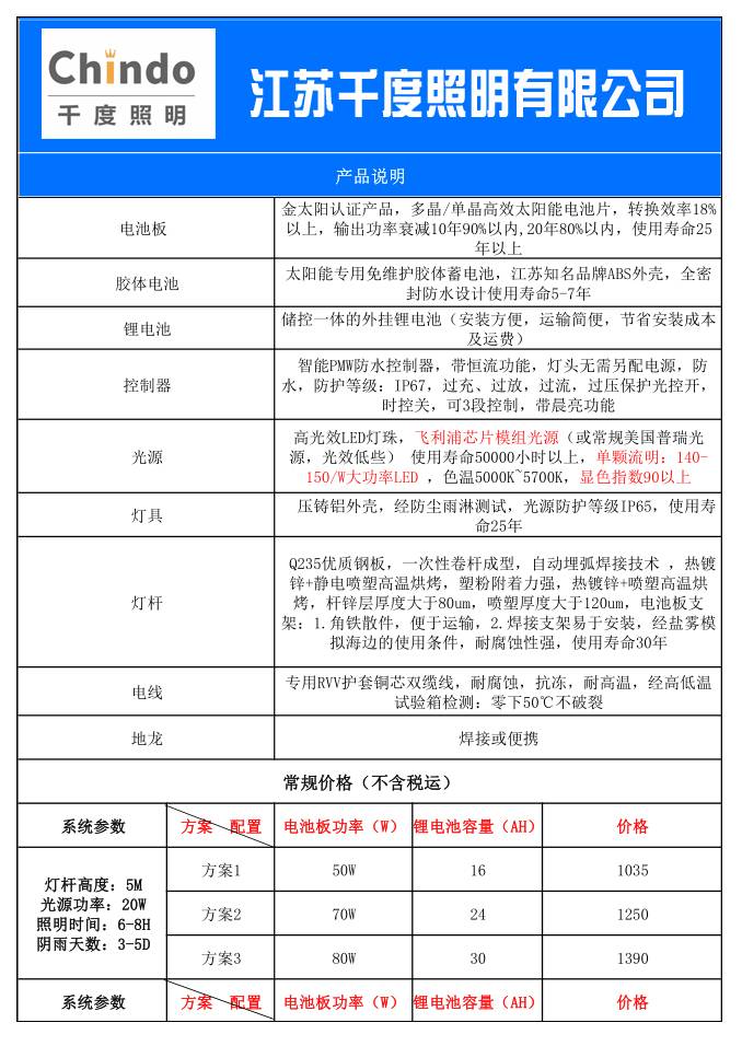 5米太陽能路燈的價格表